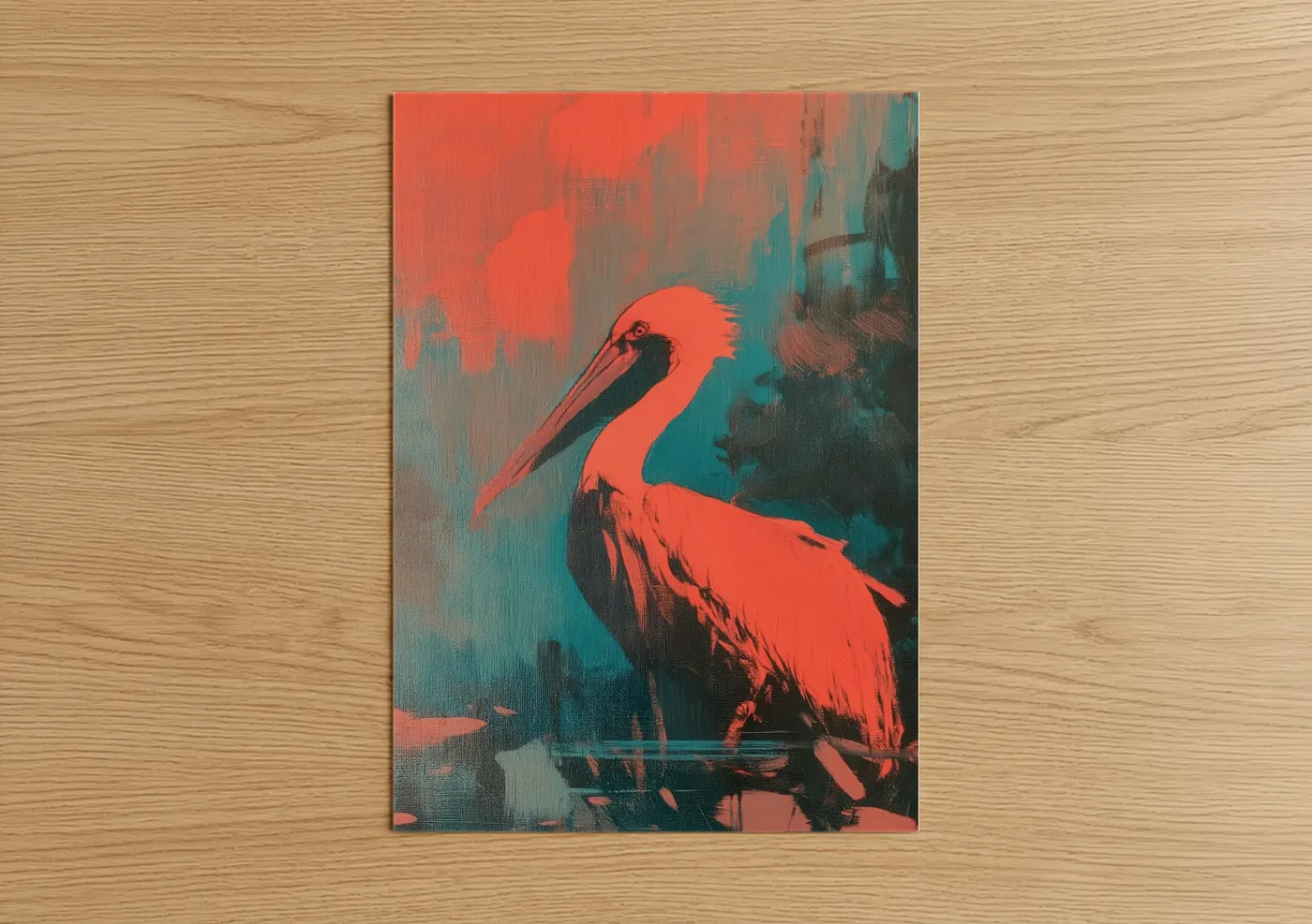 Art print on warm oak wood — red and teal palette — Crimson Pelican poster