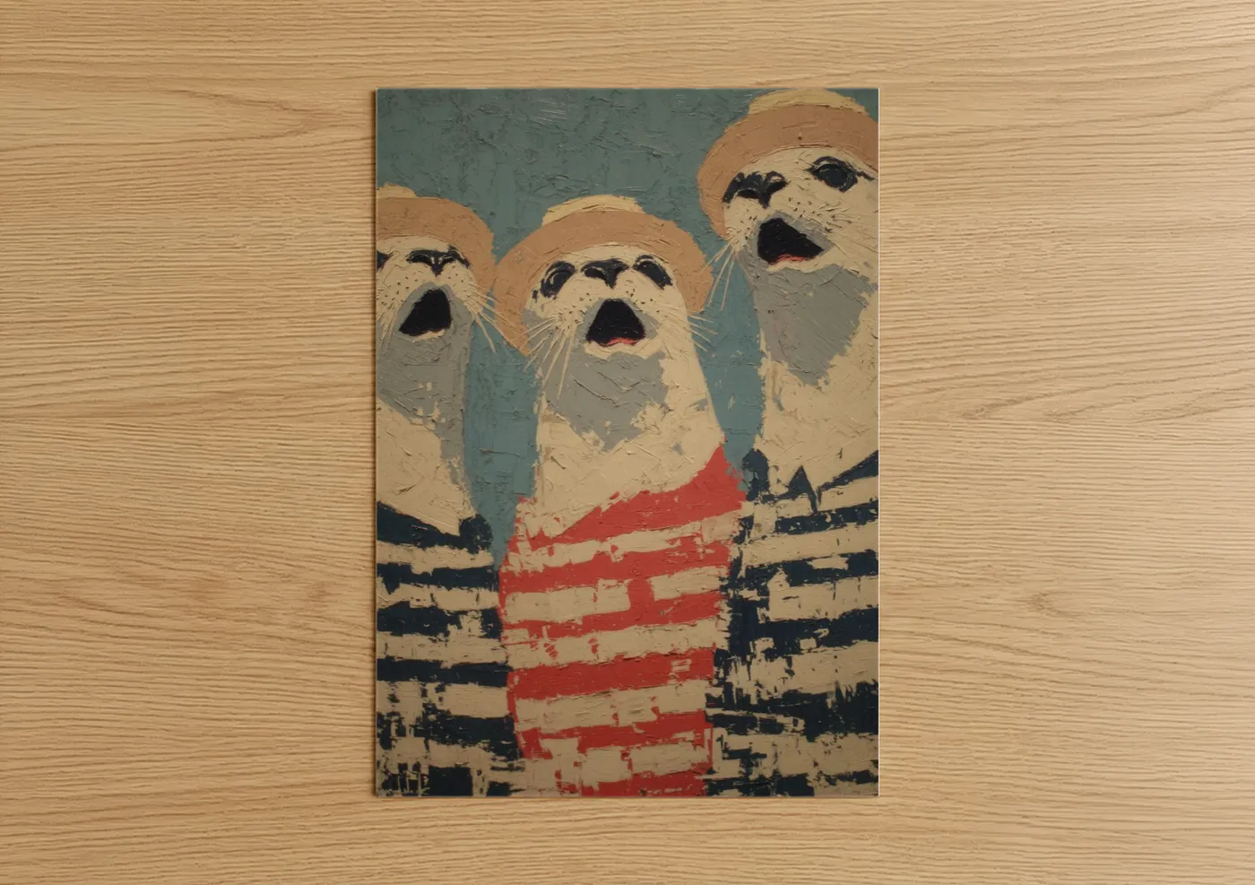 Art print on warm oak wood — blue and cream palette — Surprised Seals Trio poster