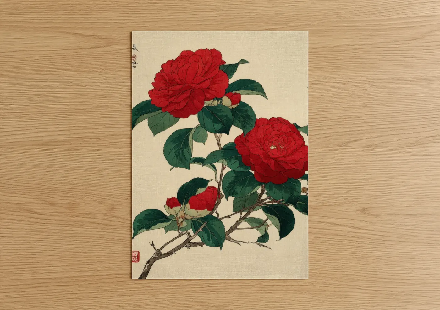 Art print on warm oak wood — red and dark green palette — Red Roses Branch poster