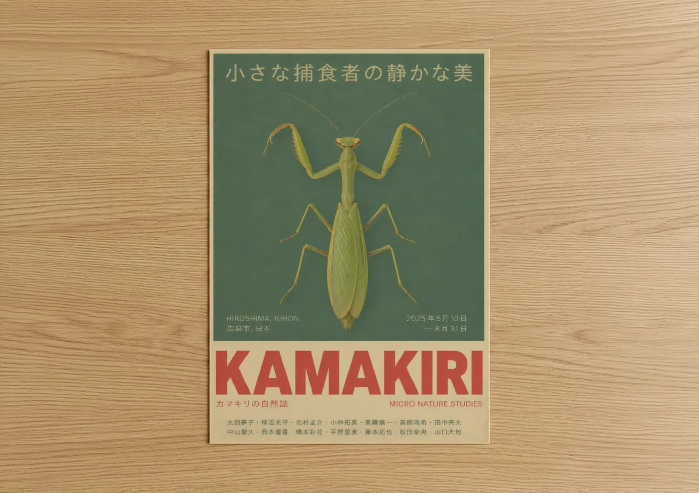 Prayin mantis art print on warm oak wood — sage green and beige palette — Praying Mantis Japanese Minimalist Wall Art poster