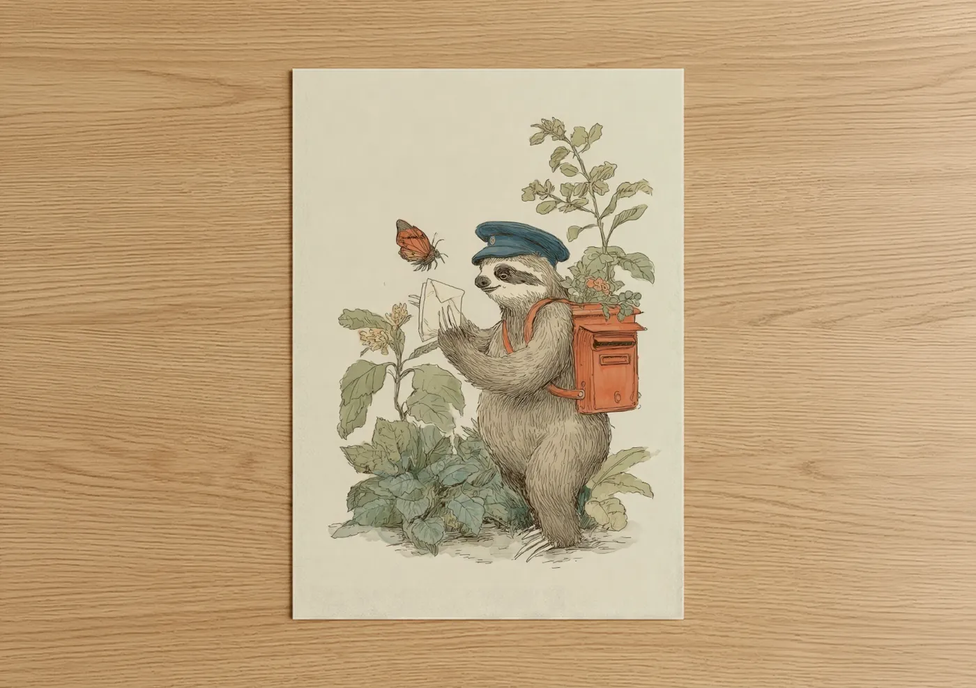 Whimsical Postman Sloth Botanical Wall Art