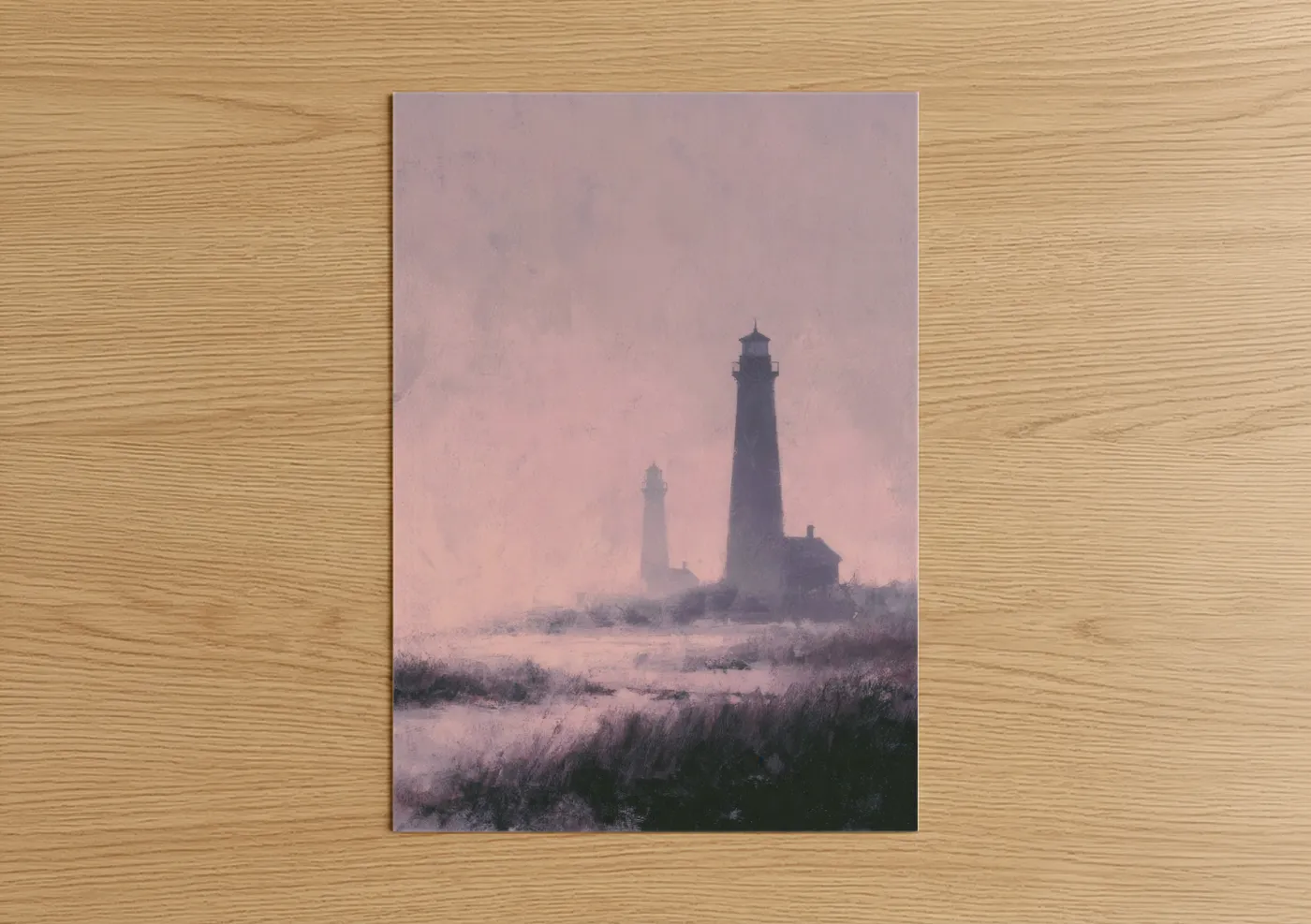 Art print on warm oak wood — pink and lavender palette — Misty Lighthouse Dawn poster