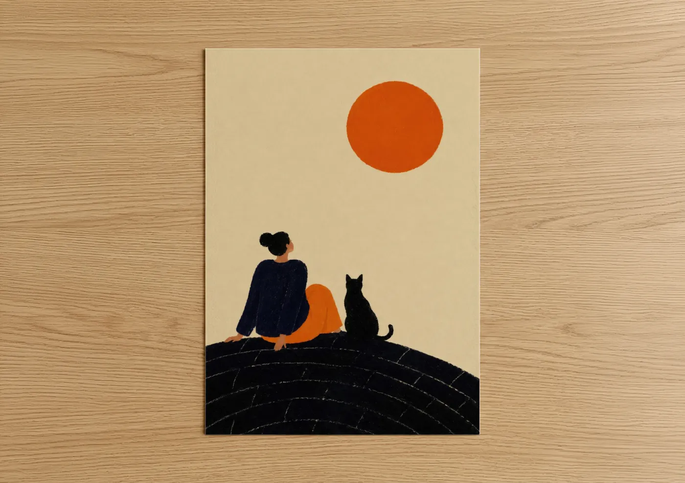 Art print on warm oak wood — orange and beige palette — Woman and Cat Sunset Minimalist Wall Art poster