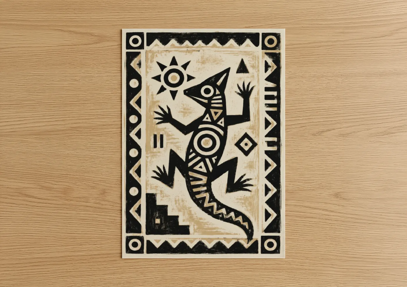 Abstract geometric art print on warm oak wood — black and white and beige palette — Tribal Lizard Geometric Wall Art poster