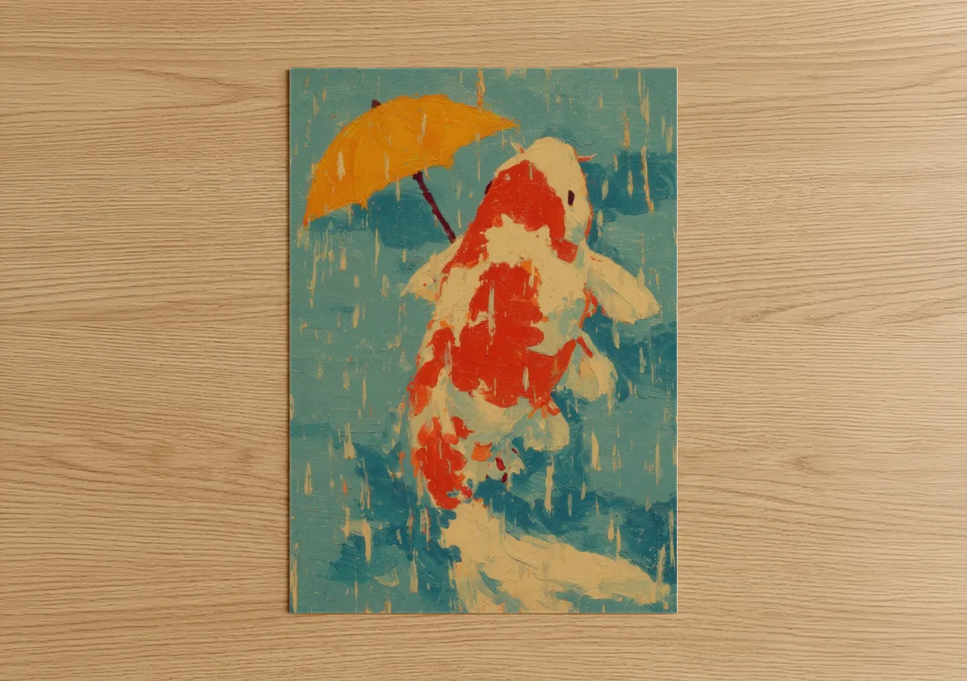 Art print on warm oak wood — teal and gold palette — Rainy Koi Fish poster