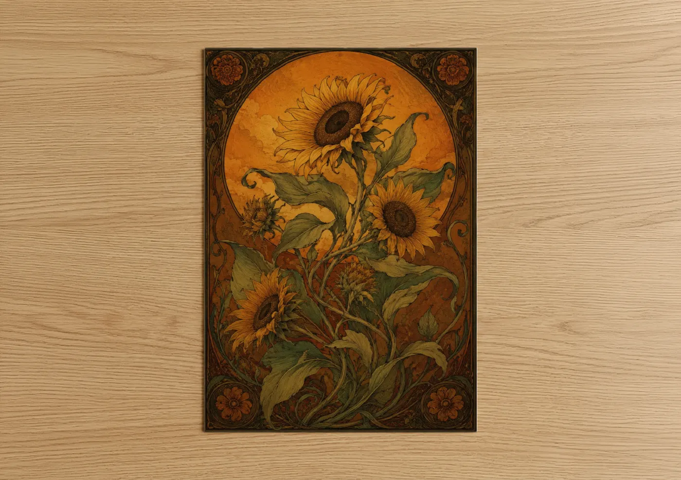 Art print on warm oak wood — gold and olive palette — Vintage Sunflower Botanical Wall Art poster