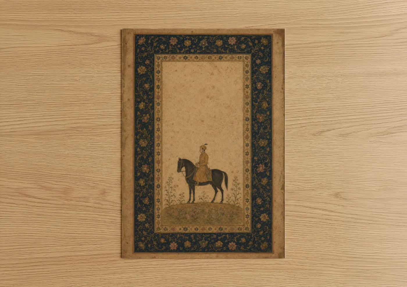 Art print on warm oak wood — gold and beige palette — Persian Horseback Rider Miniature Wall Art poster