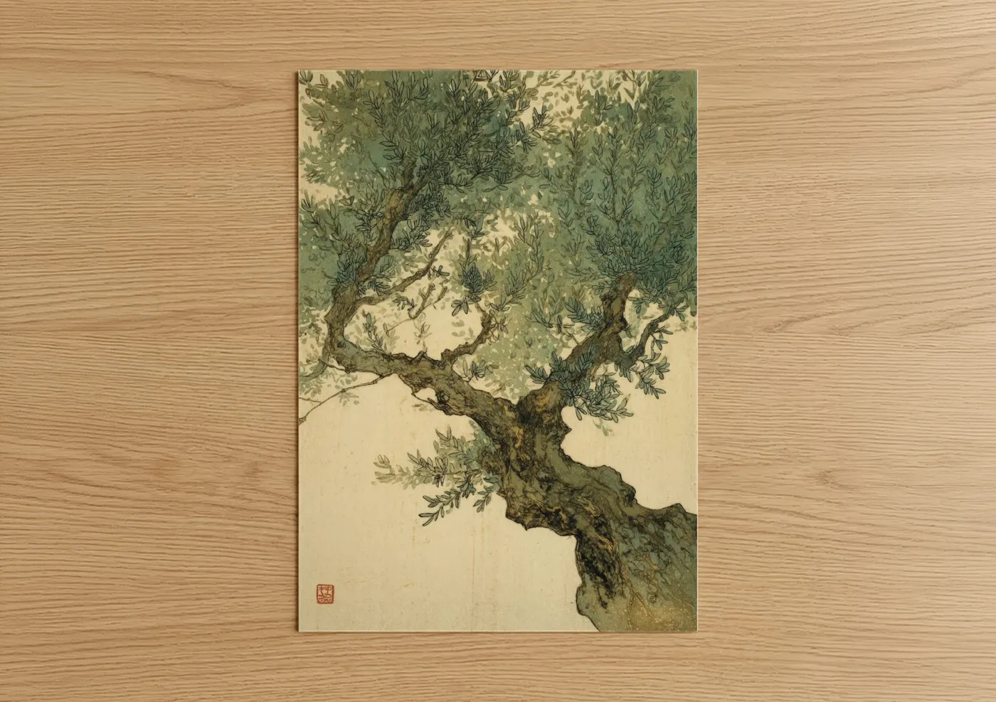 Art print on warm oak wood — green and cream palette — Ancient Olive Tree poster