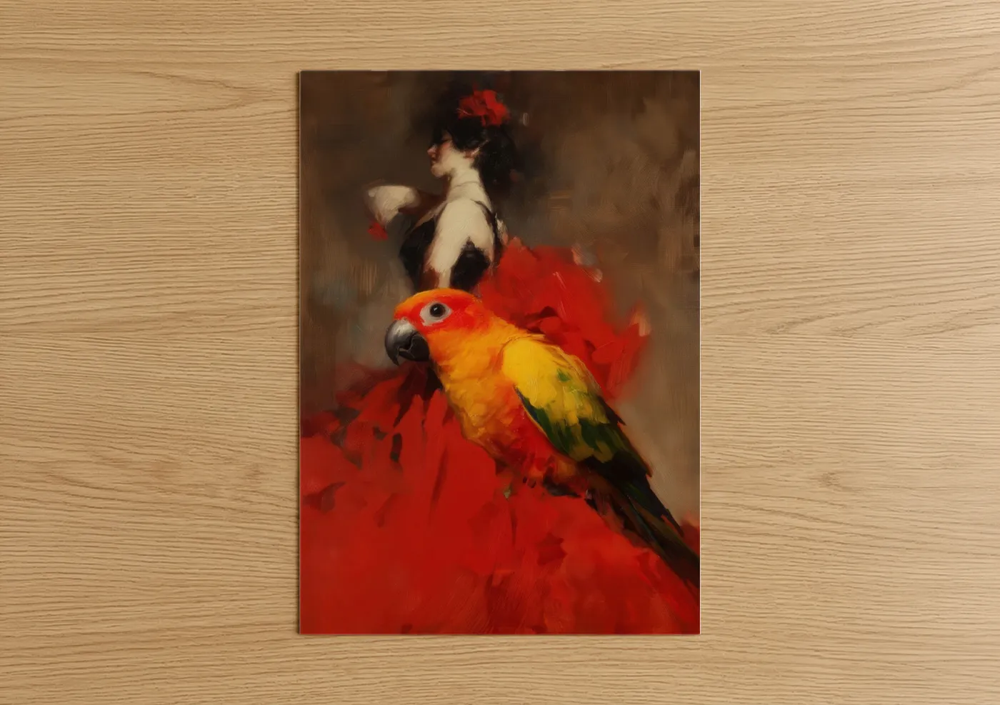 Vibrant Macaw Woman Red Dress Wall Art