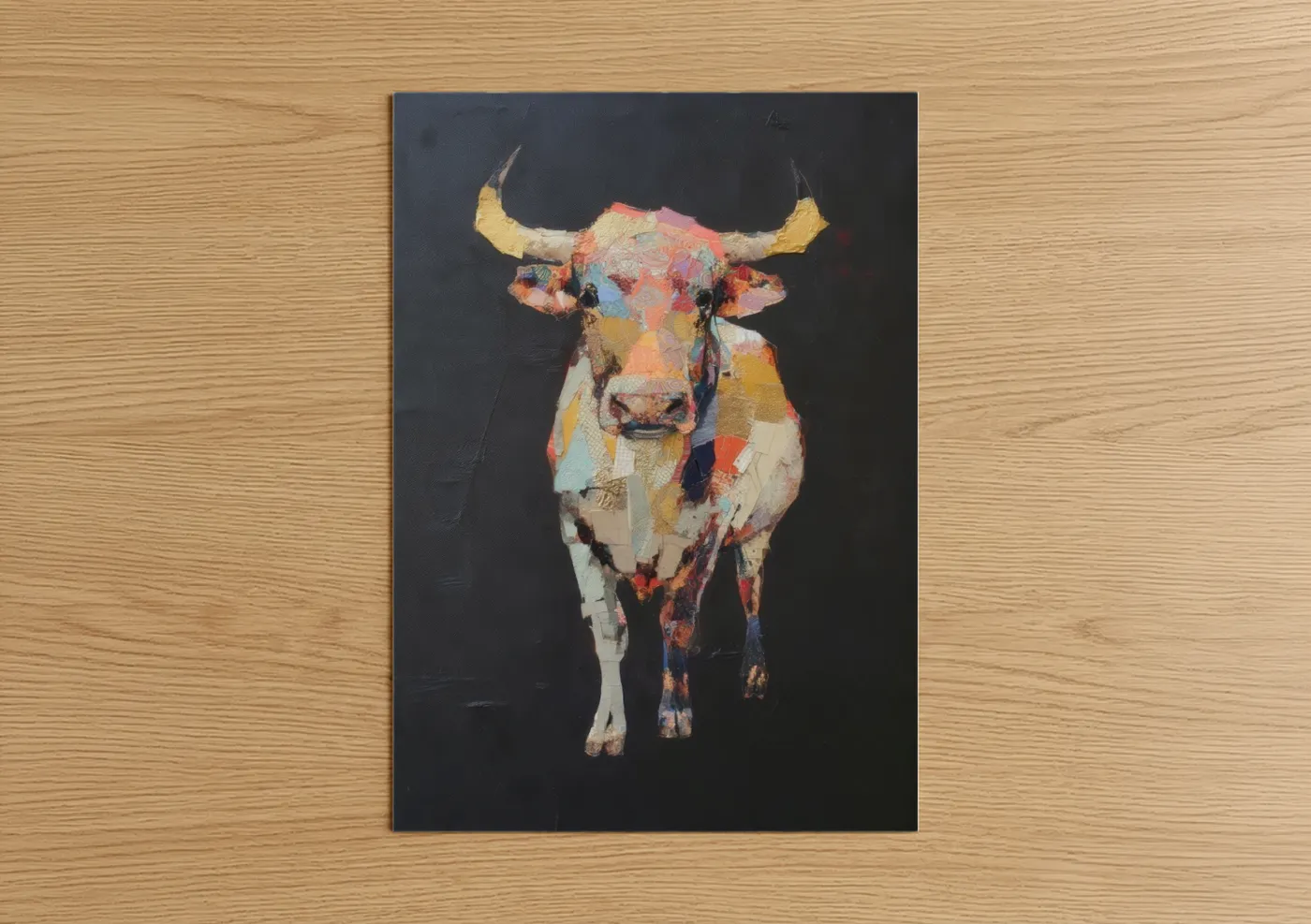 Art print on warm oak wood — gold and cream palette — Colorful Bull poster