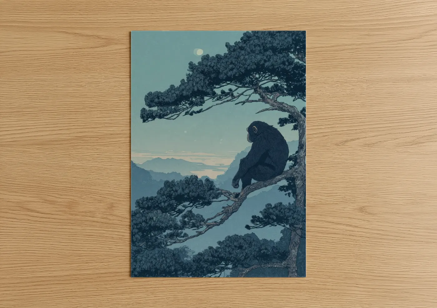Chimpanzee art print on warm oak wood — blue and dark blue palette — Contemplative Chimp poster