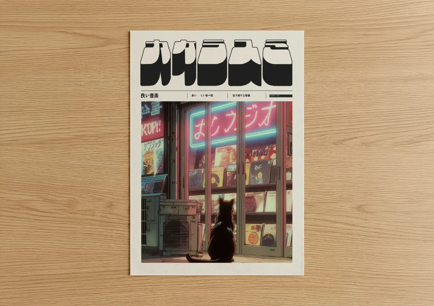Anime and manga art print on warm oak wood — magenta and blue and gold palette — Neon Cat Vibes poster