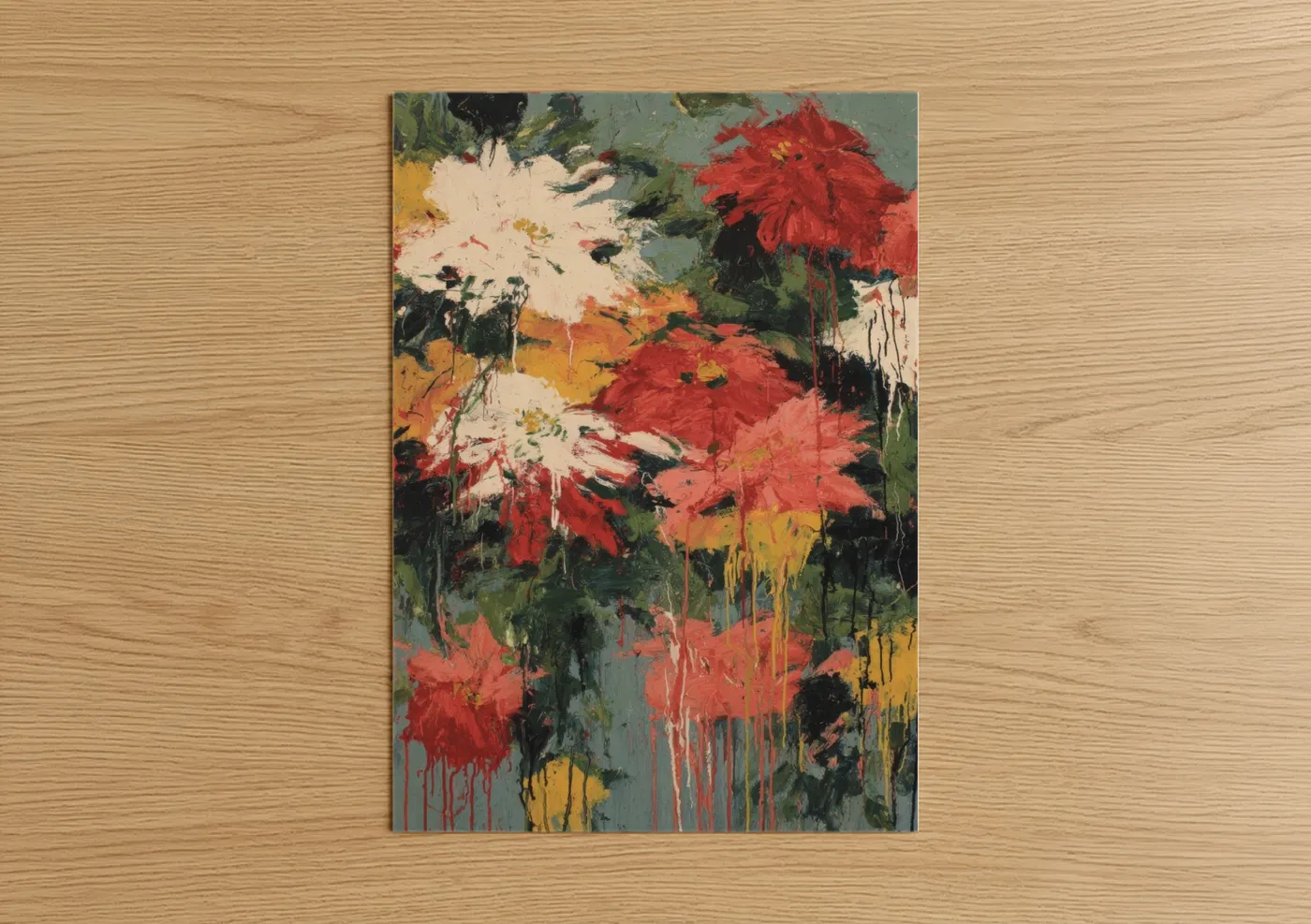 Poinsettias art print on warm oak wood — red and gold palette — Crimson Poinsettia Burst poster