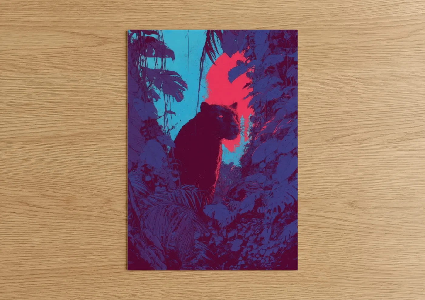 Art print on warm oak wood — blue and gold and magenta palette — Neon Panther poster
