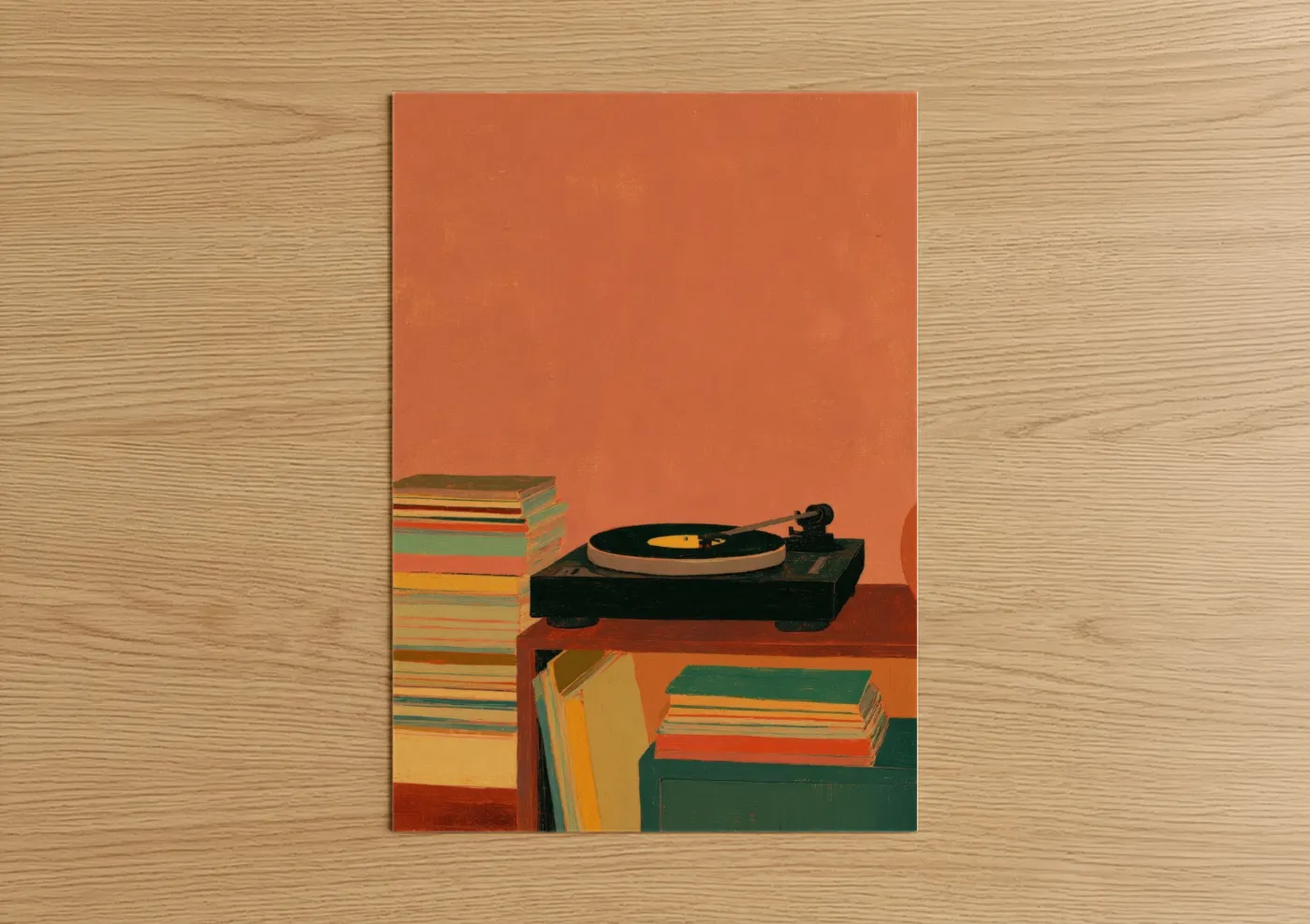 Vintage Vinyl Turntable With Stacked Records Wall Art
