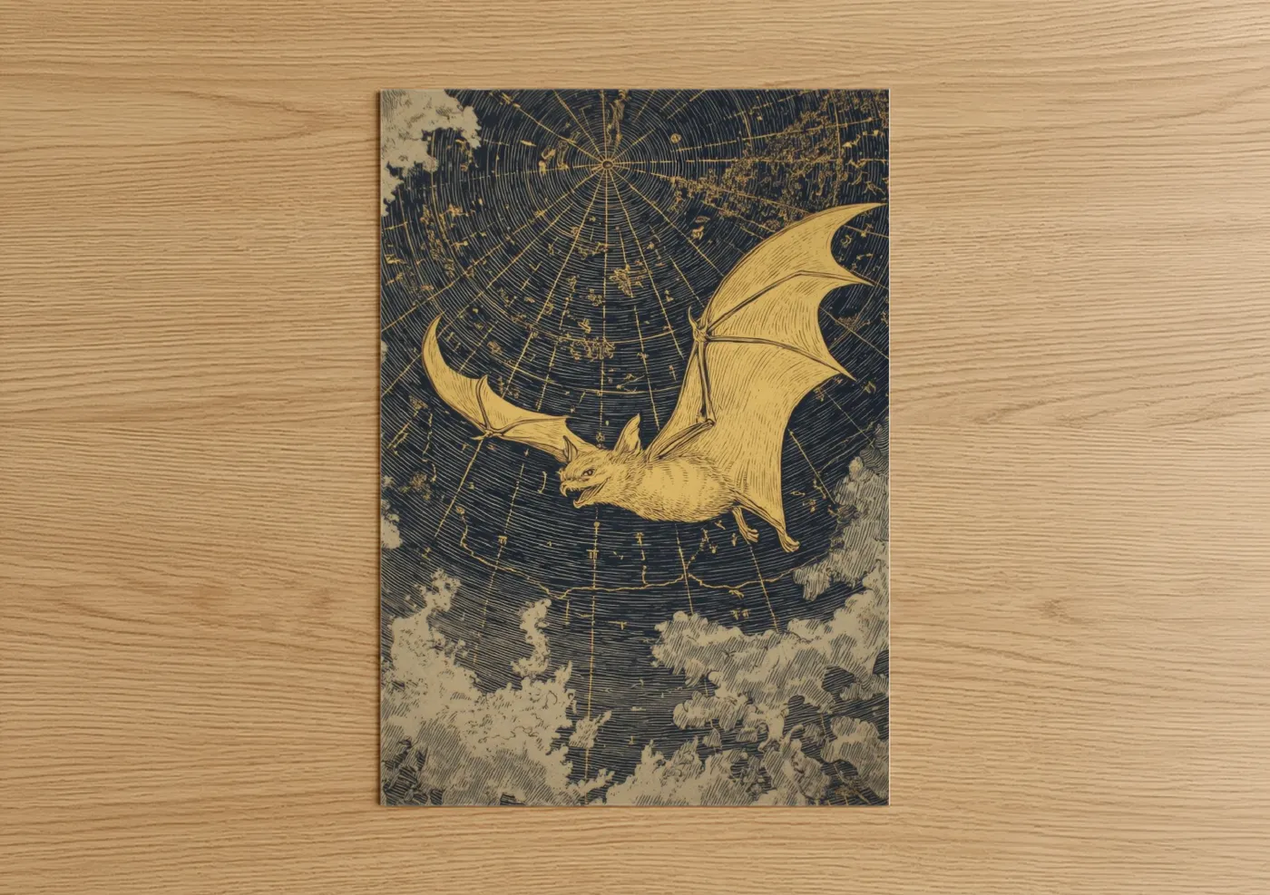 Golden Bat Night Sky Engraving Wall Art