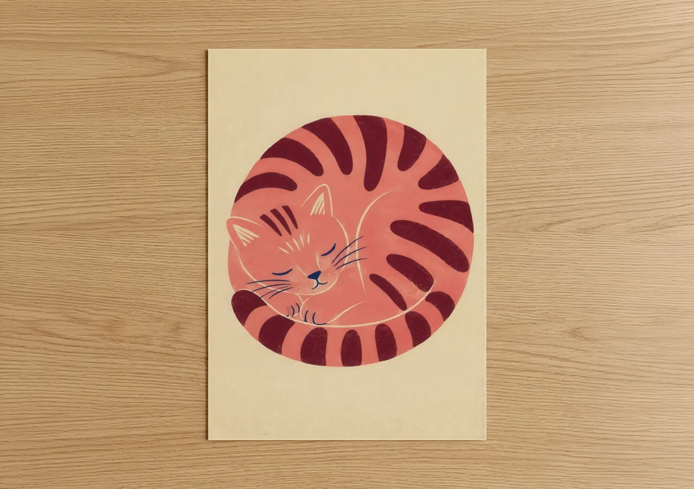 Art print on warm oak wood — peach and maroon palette — Curled Sleeping Cat Minimalist Wall Art poster