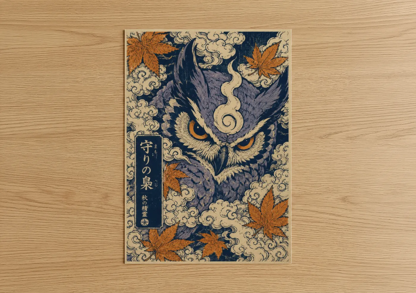 Art print on warm oak wood — blue and orange palette — Japanese Owl Autumn Leaves Wall Art poster
