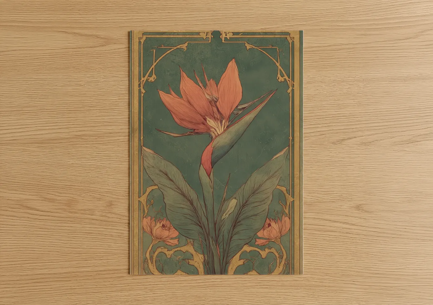 Birds of paradise art print on warm oak wood — sage green and salmon pink palette — Coral Bird Paradise poster
