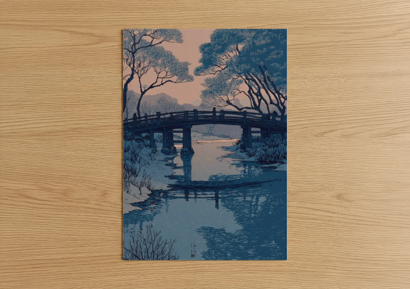 Winter art print on warm oak wood — blue and peach palette — Snowy Bridge Crossing poster