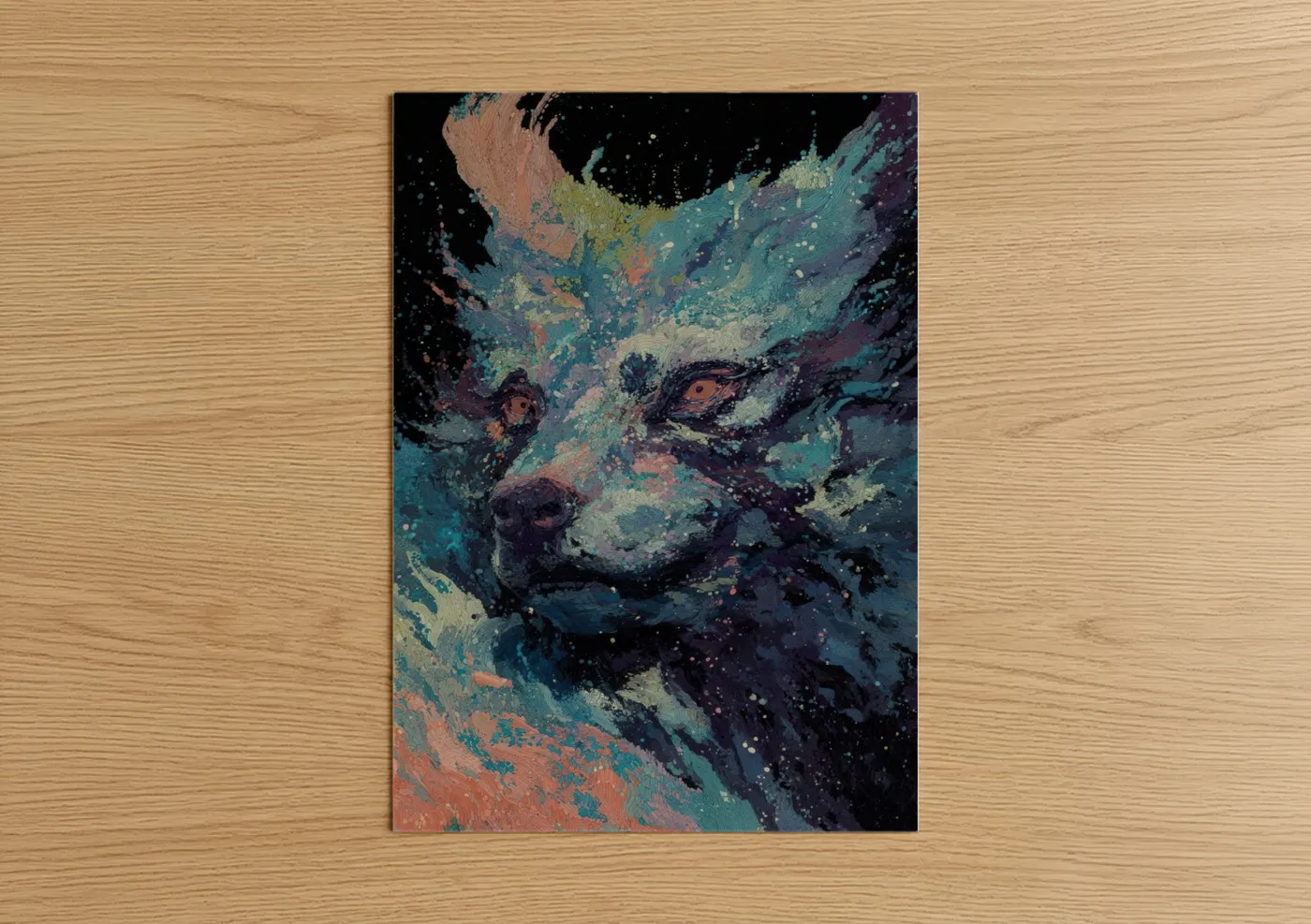 Art print on warm oak wood — teal and peach palette — Cosmic Werewolf poster