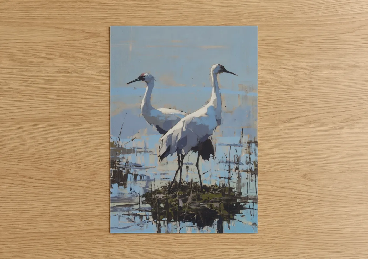 White Cranes Wetland Watercolor Wall Art