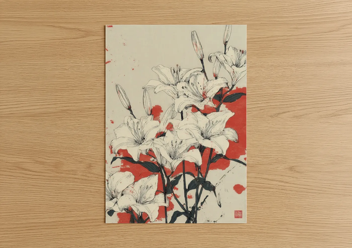Flower field art print on warm oak wood — red and black and white palette — Crimson Lily Field poster