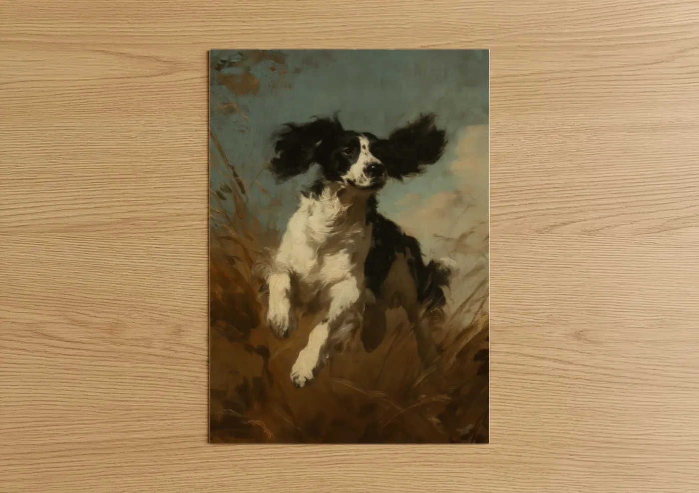 Art print on warm oak wood — blue and gold and brown palette — Joyful Spaniel poster