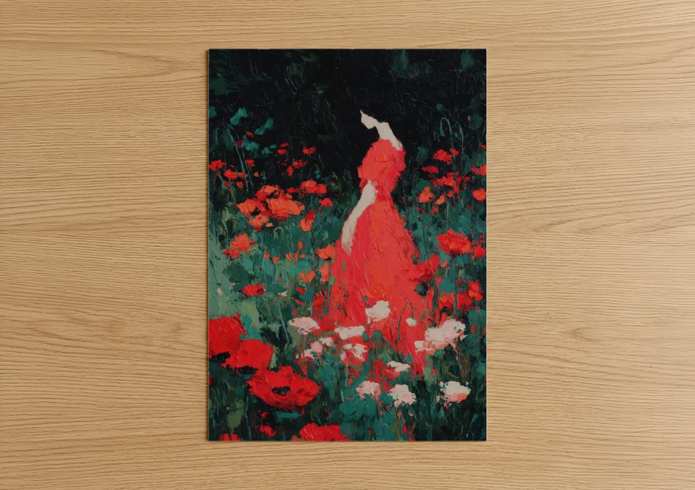 Women's fashion art print on warm oak wood — red and teal palette — Crimson Garden Woman poster