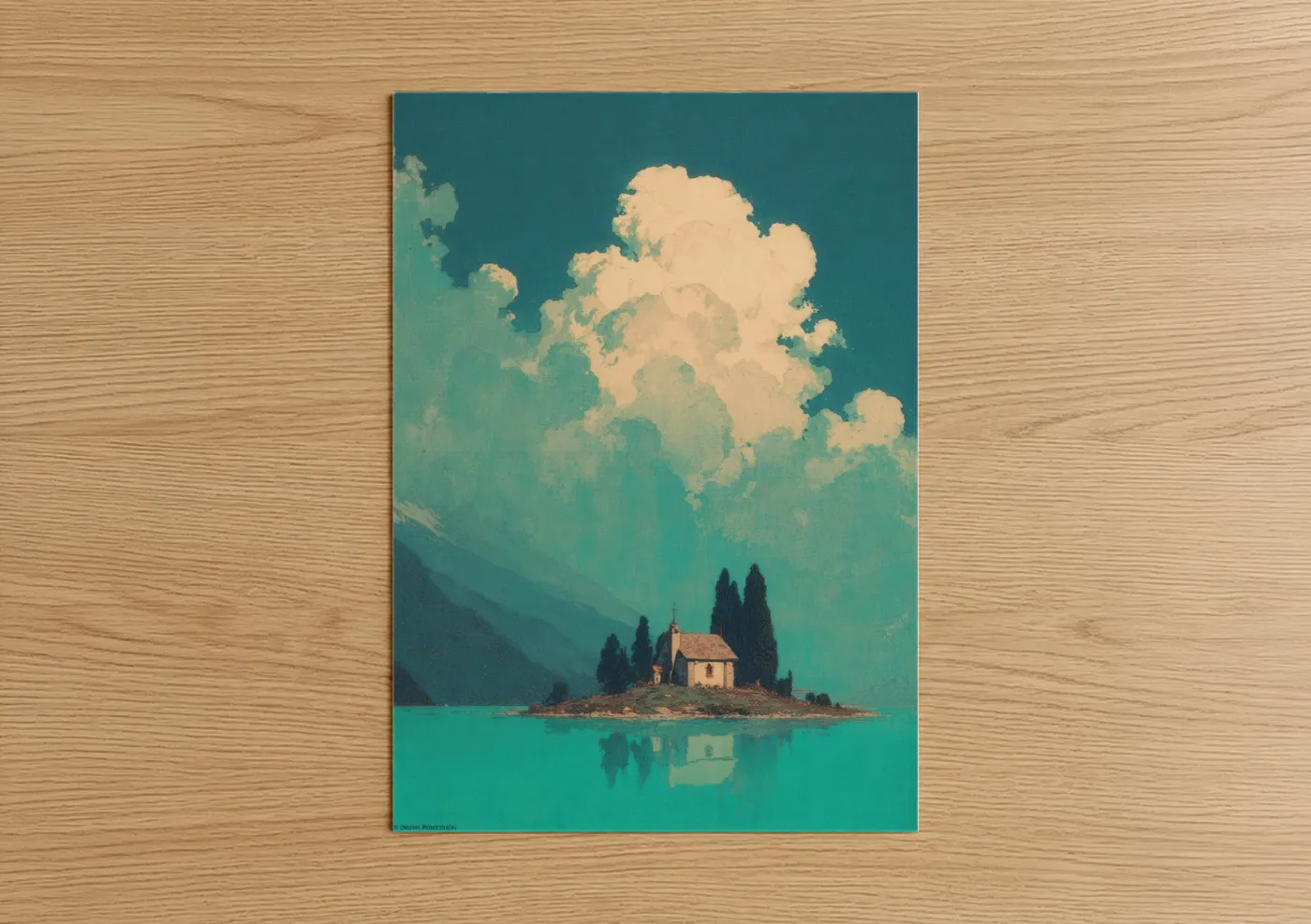 Churches and chapels art print on warm oak wood — teal and cream palette — Lakeside Chapel poster