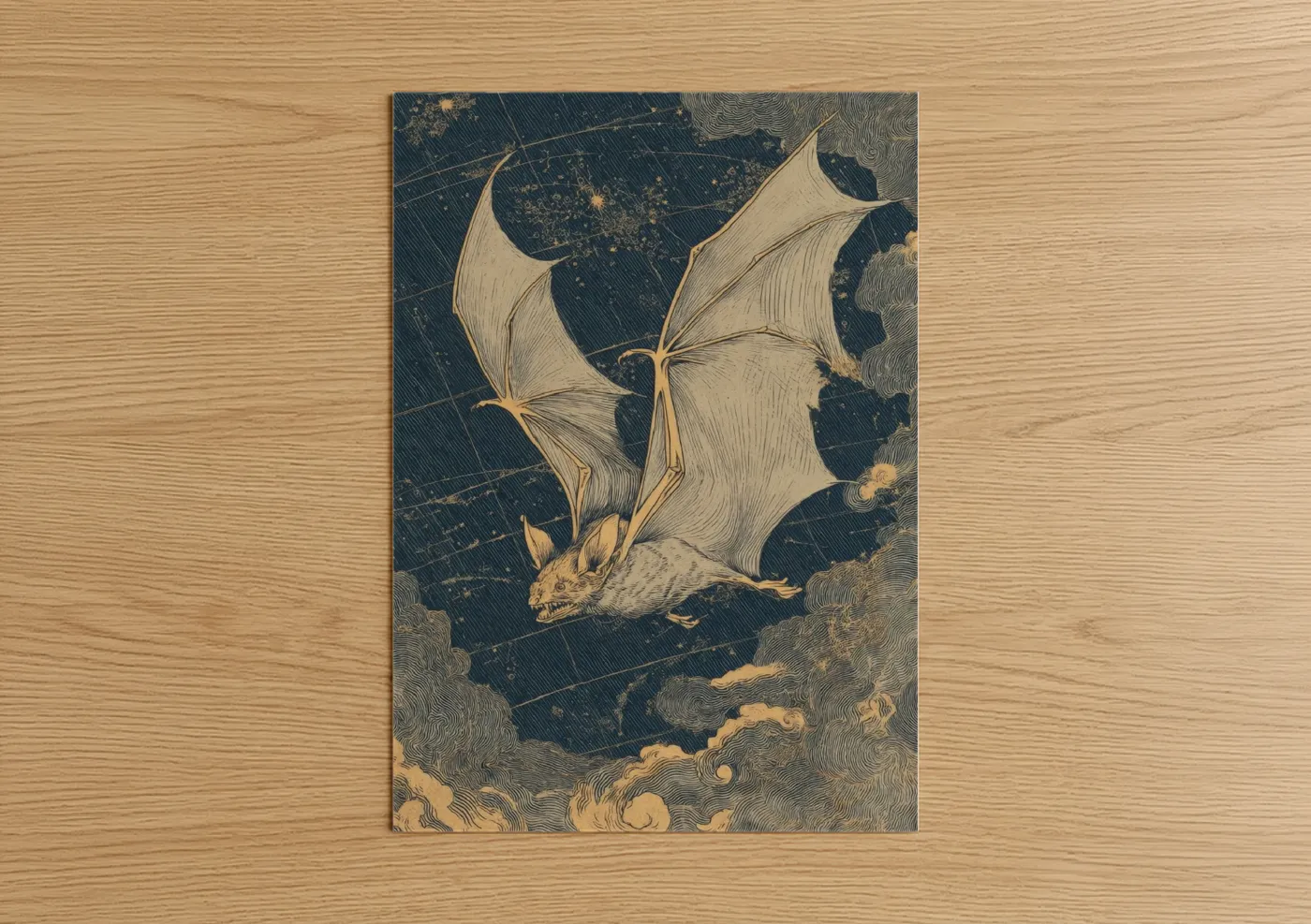 Art print on warm oak wood — dark blue and gold palette — Nocturnal Bat Flight poster