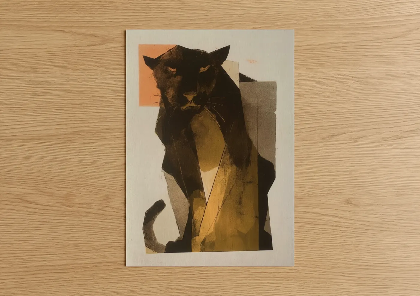 Art print on warm oak wood — gold and black palette — Golden Panther poster