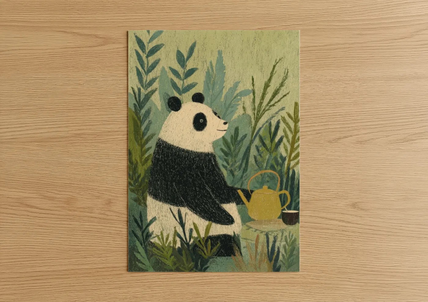 Panda in Garden Illustration Wall Art