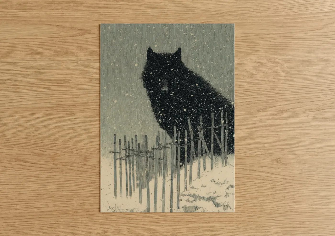 Dark fantasy art print on warm oak wood — black and white and gray palette — Snowy Cat Watch poster