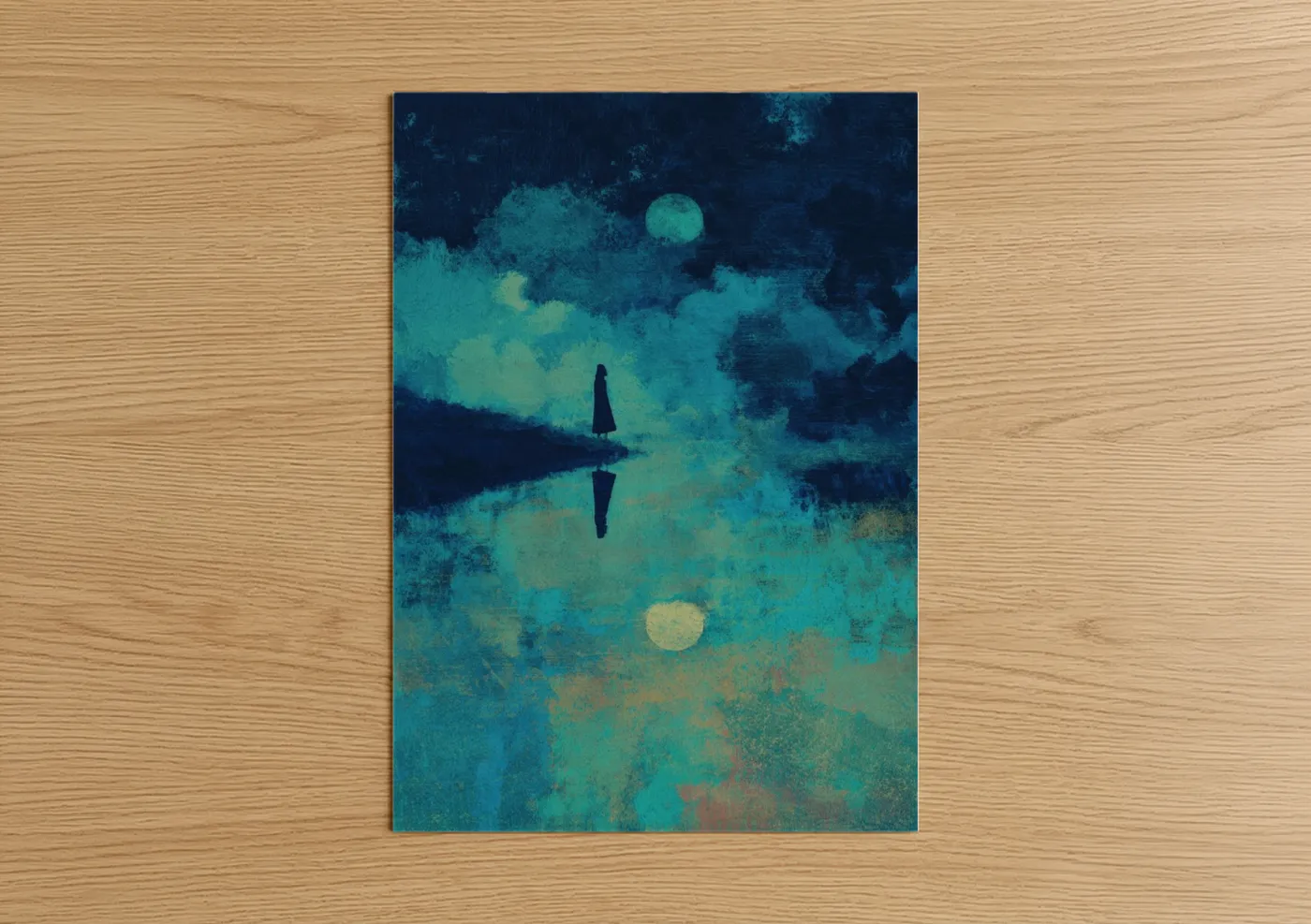 Wiccan art print on warm oak wood — dark blue and turquoise palette — Moonlit Reflection poster