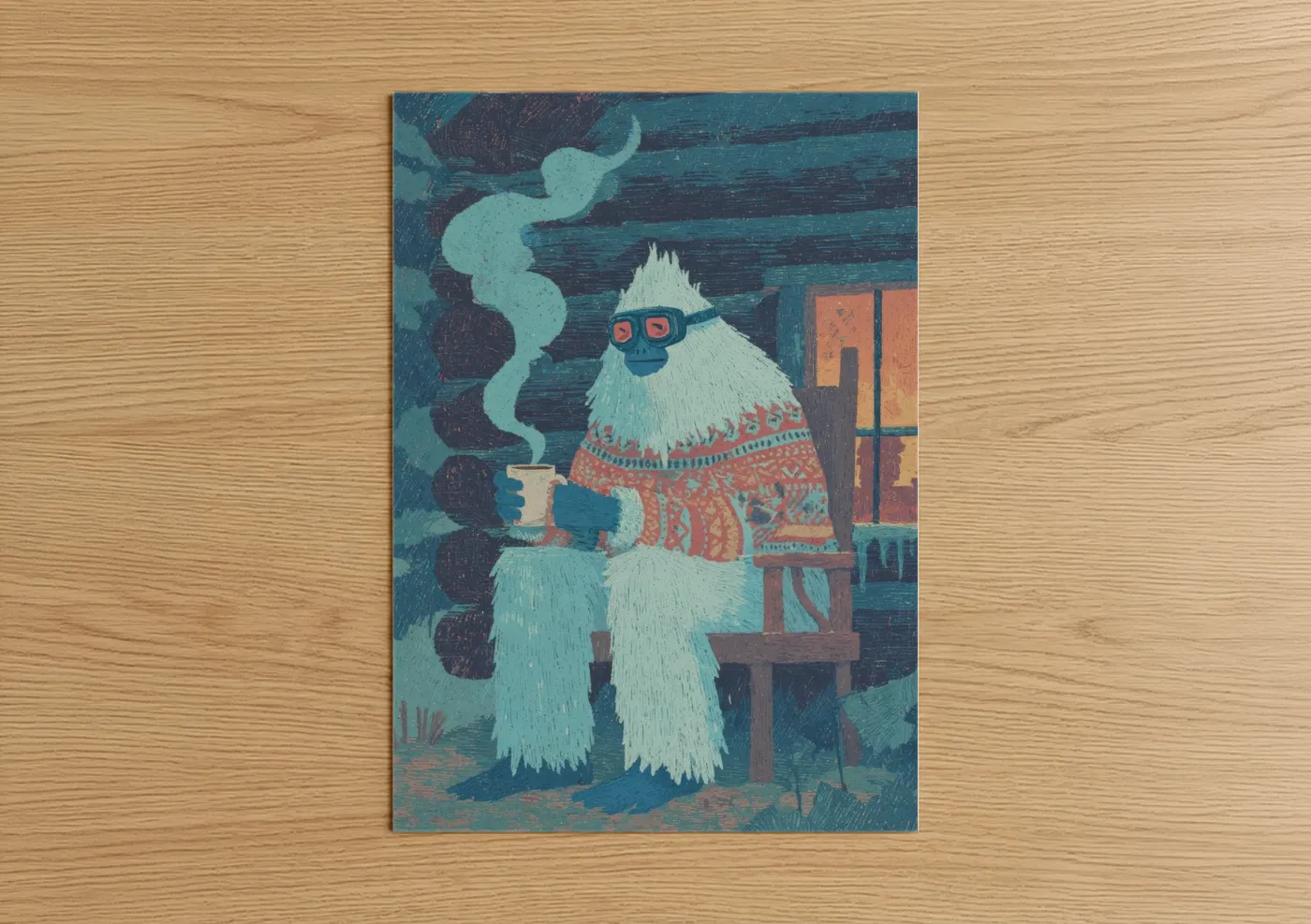 Art print on warm oak wood — teal and orange palette — Cozy Yeti poster