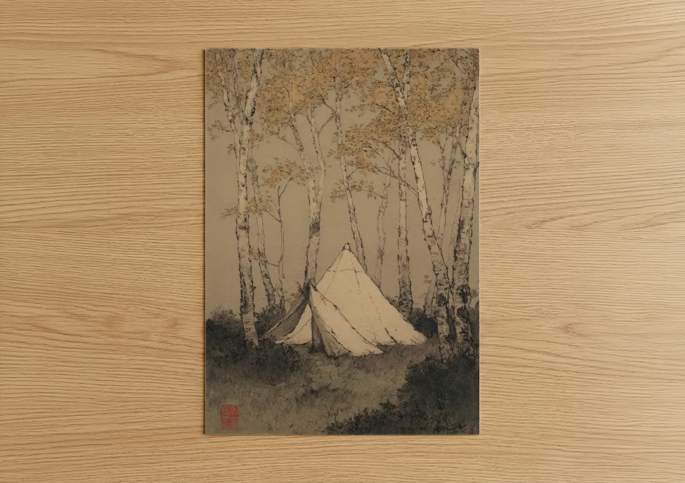 Birch Forest Camping Tent Illustration Wall Art