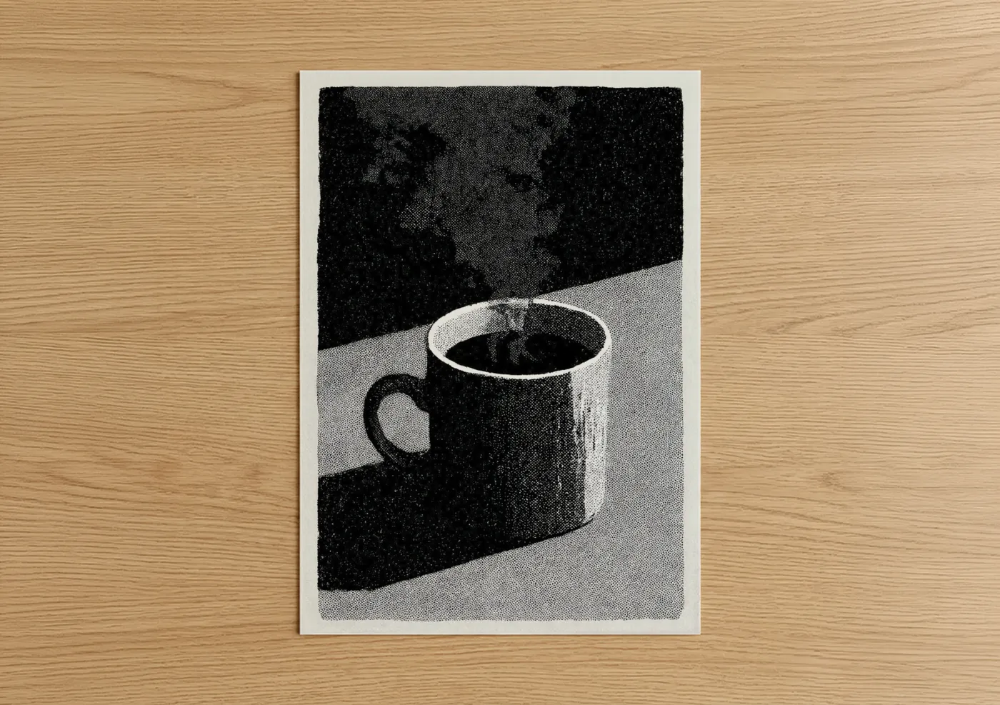 Art print on warm oak wood — black and white palette — Midnight Coffee poster