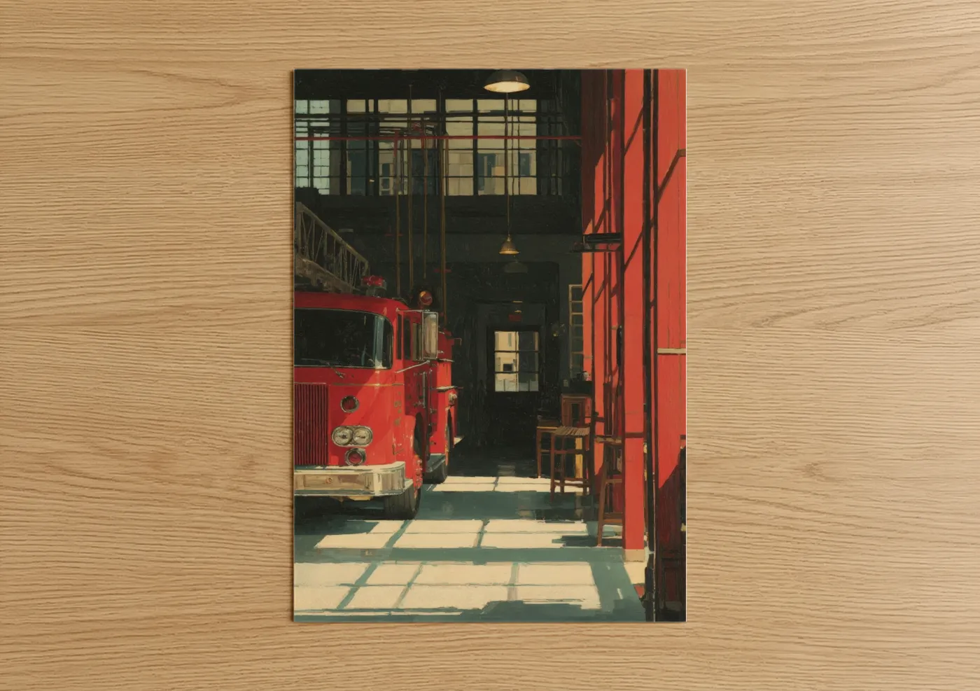 Art print on warm oak wood — red and black and gold palette — Crimson Fire Station poster