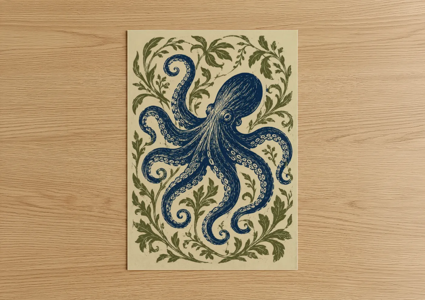 Art print on warm oak wood — blue and beige palette — Vintage Octopus Botanical Wall Art poster