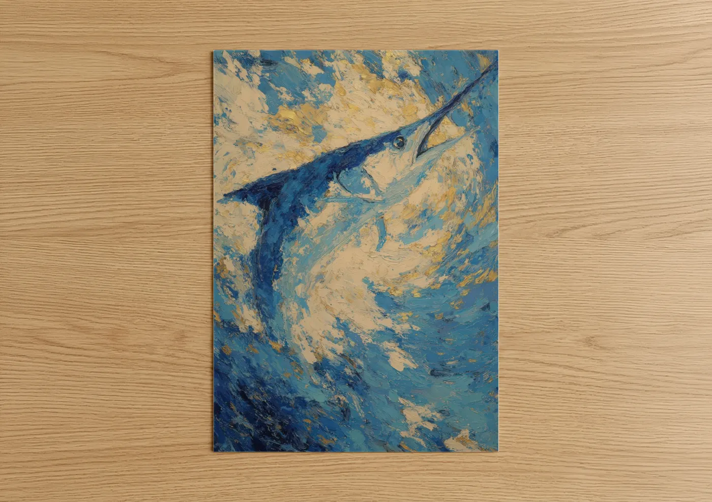 Blue marlin art print on warm oak wood — blue and gold palette — Marlin Game Fish poster