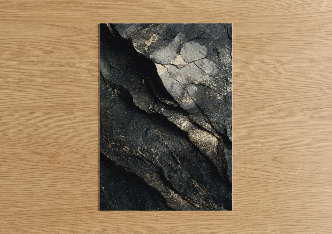Natural stones art print on warm oak wood — black and white and gold palette — Charcoal Stone Layers poster