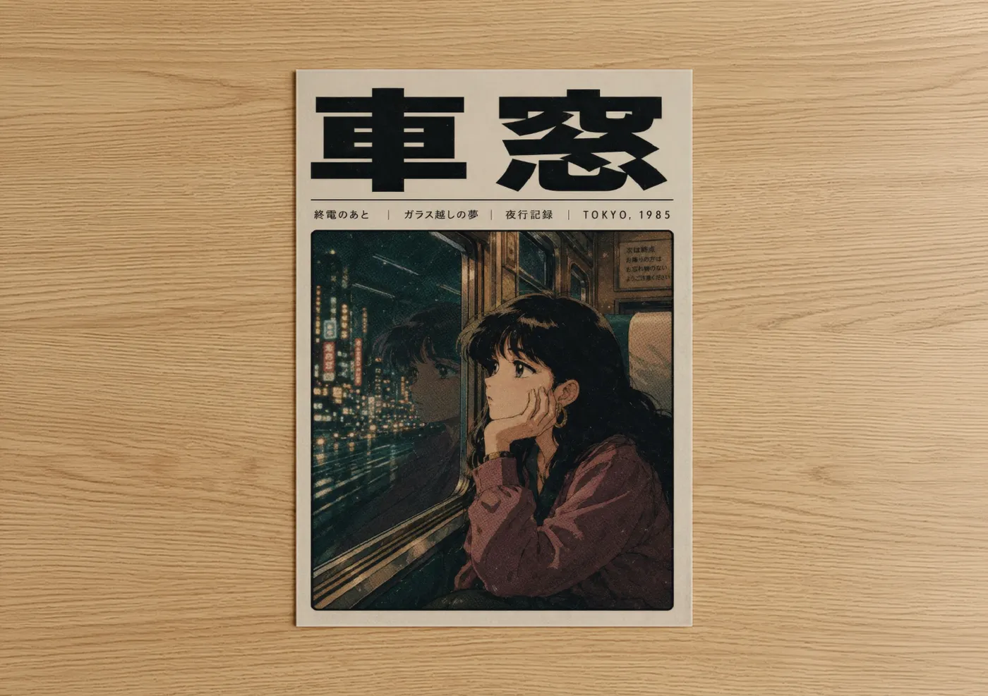 Art print on warm oak wood — dark blue and cream palette — Tokyo Night Train Anime Wall Art poster