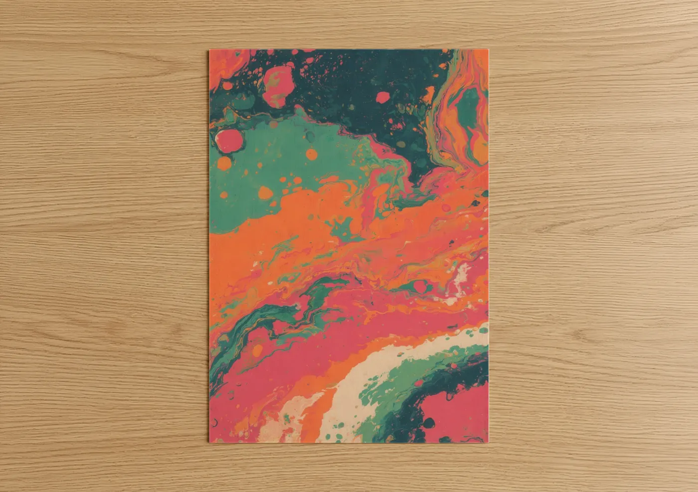 Art print on warm oak wood — magenta and orange palette — Cosmic Nebula poster