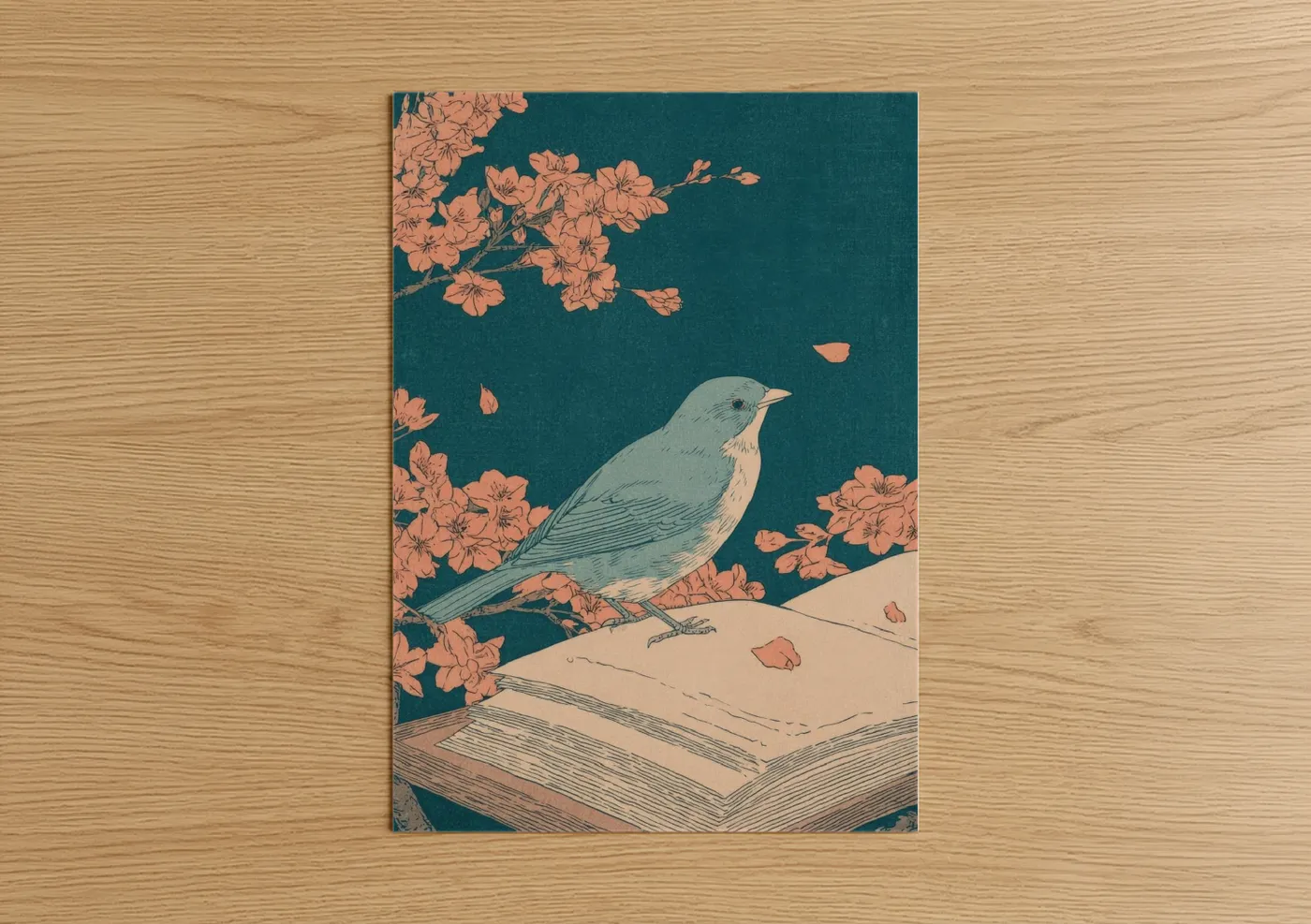 Reading art print on warm oak wood — teal and salmon pink palette — Blossoming Reader poster