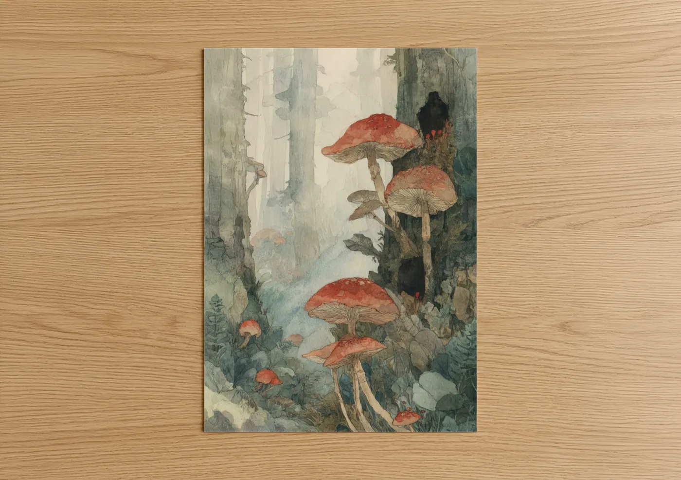 Red Mushroom Forest Watercolor Wall Art