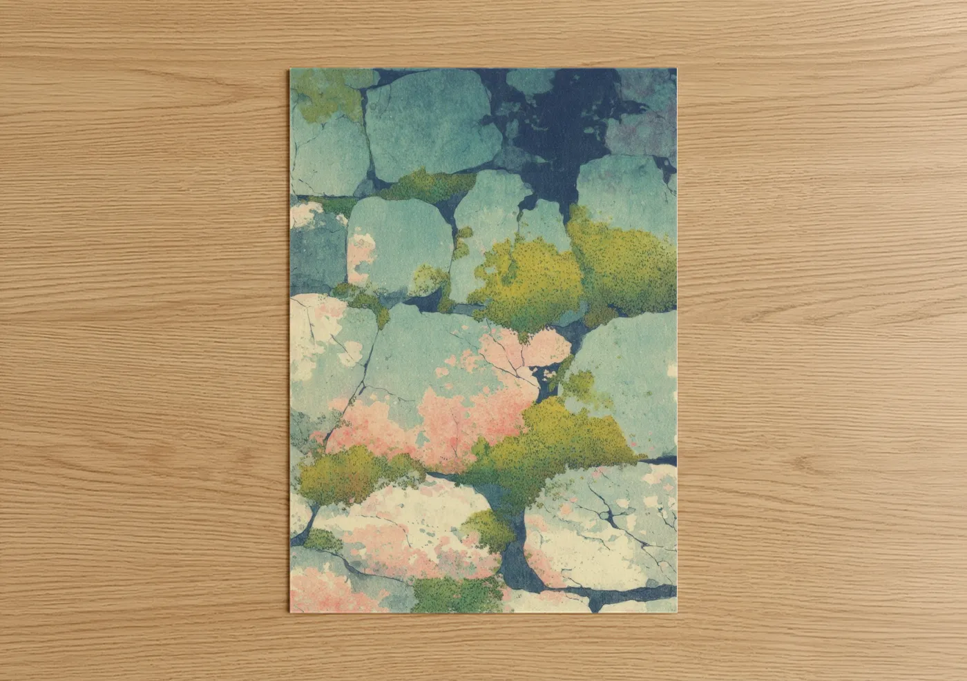 Masonry art print on warm oak wood — light green and salmon pink palette — Mosaic Garden poster