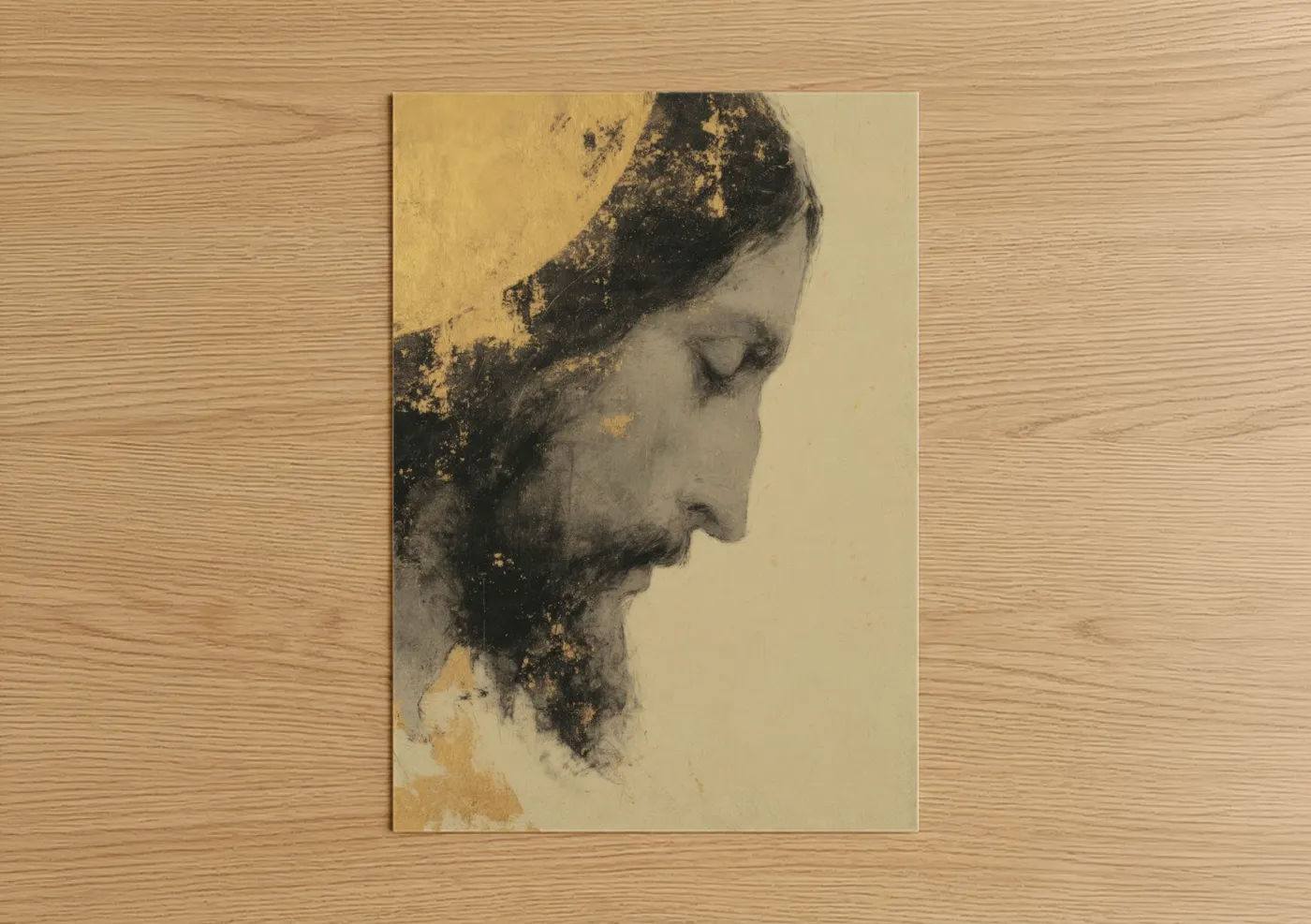 Jesus christ art print on warm oak wood — gold and black and white palette — Contemplative Jesus poster