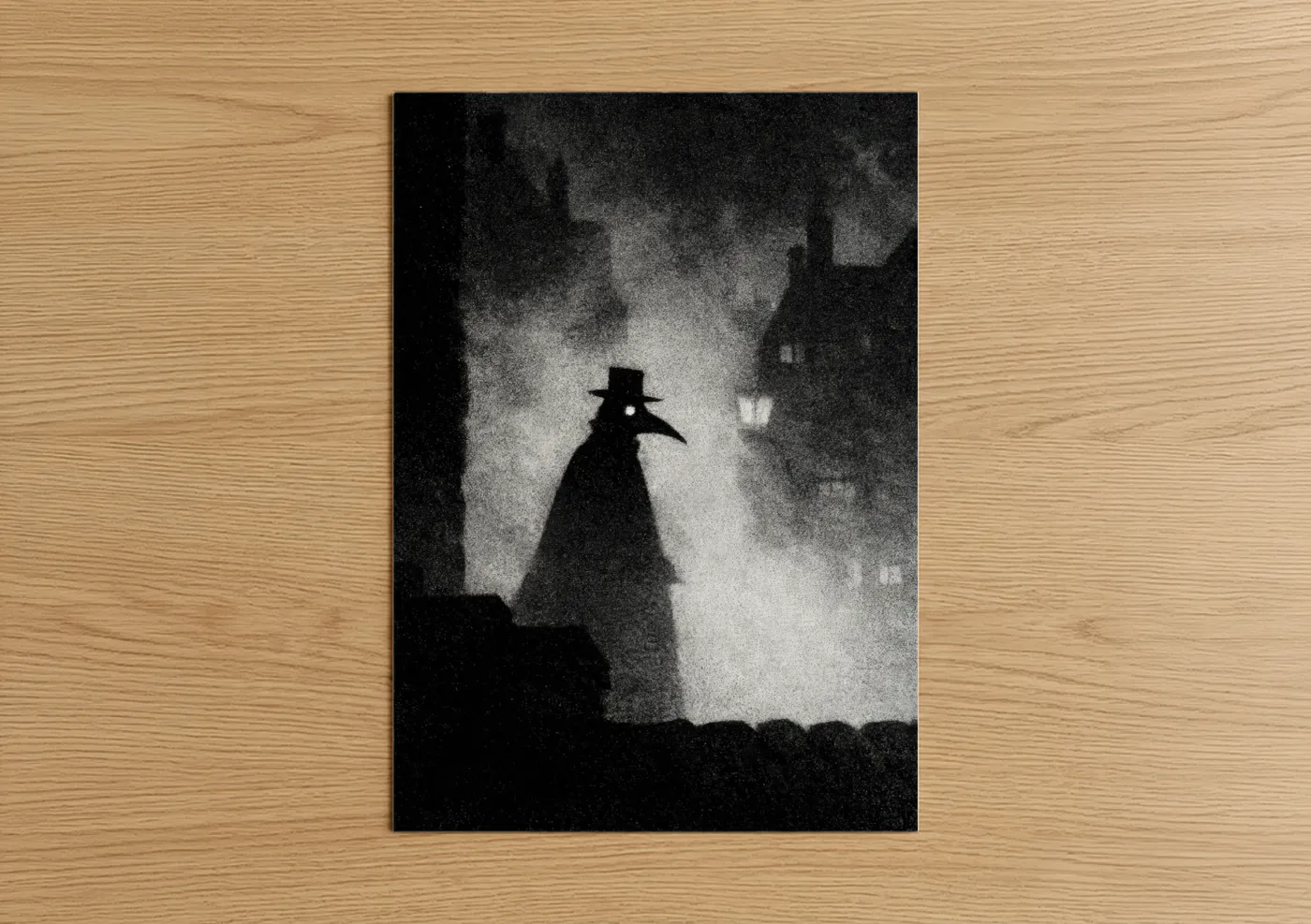 Dark fantasy art print on warm oak wood — black and white and gray palette — Plague Doctor Silhouette poster