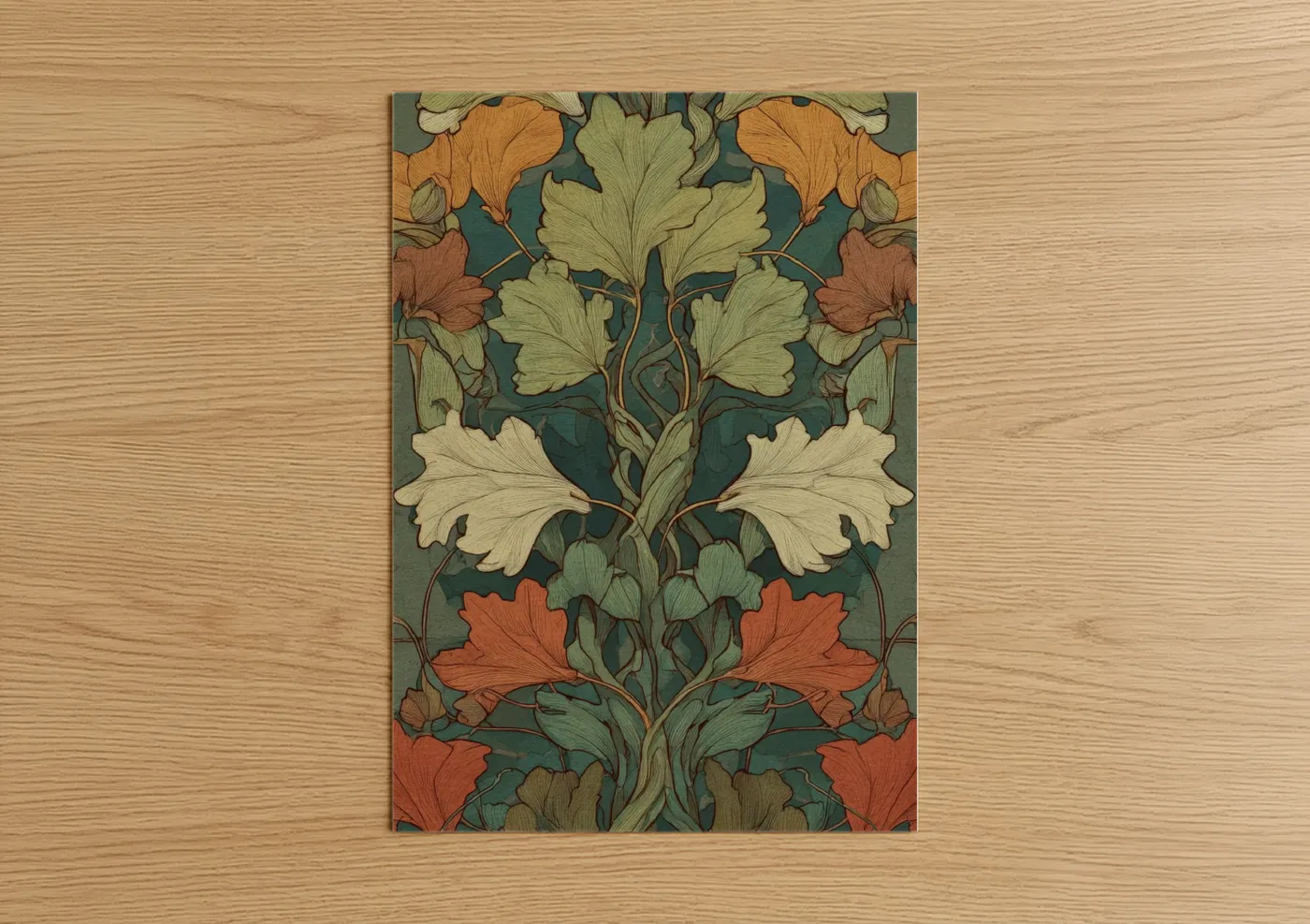 Leaf art print on warm oak wood — olive and teal palette — Emerald Ginkgo Pattern poster